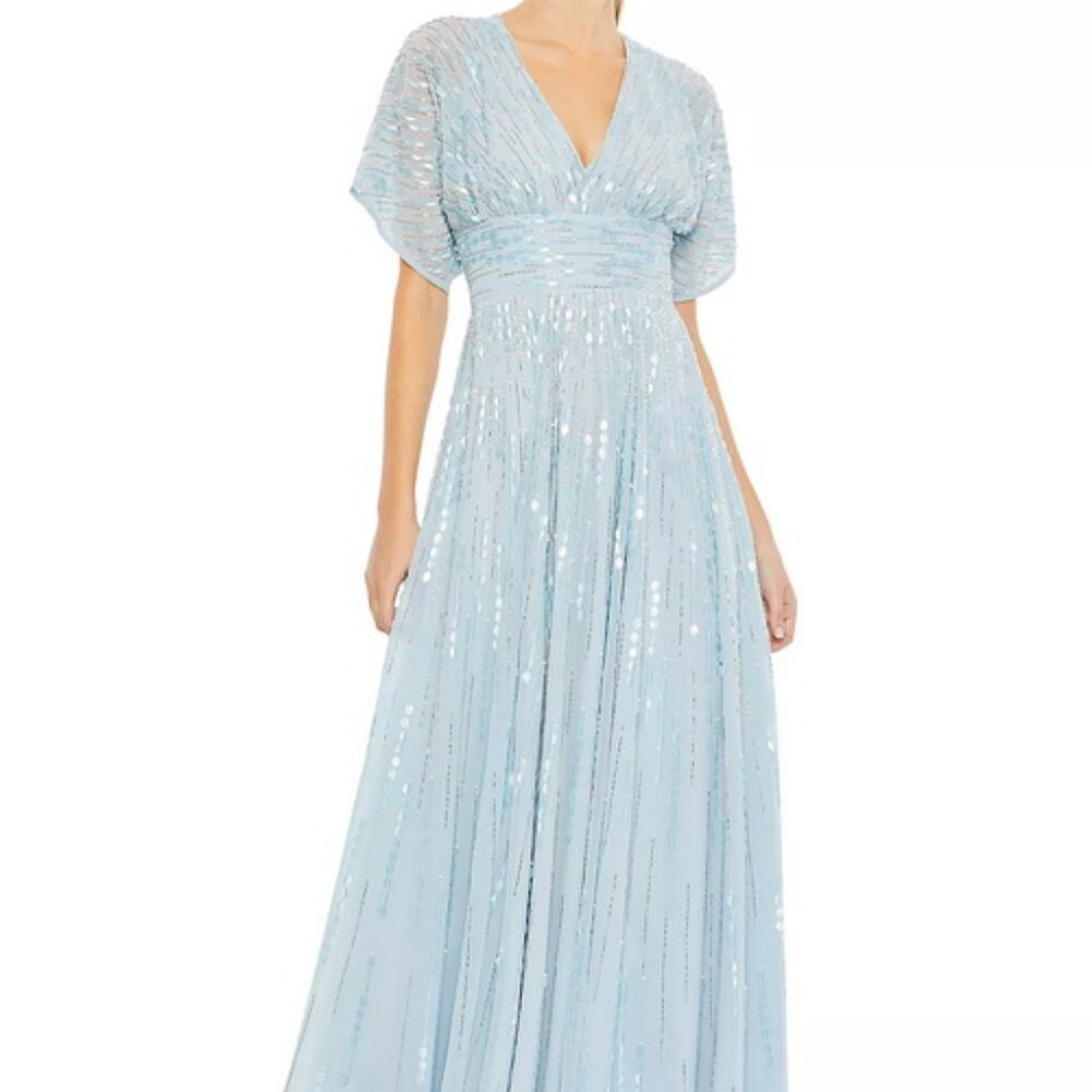 Mac Duggal Powder Blue V-Neck Beaded Gown